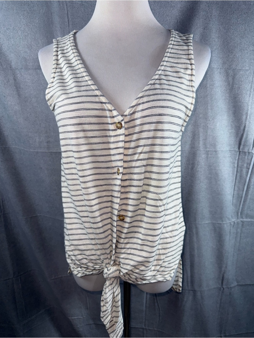 2601-T.La Cream and Navy Striped Tie-Front Sleeveless Tunic